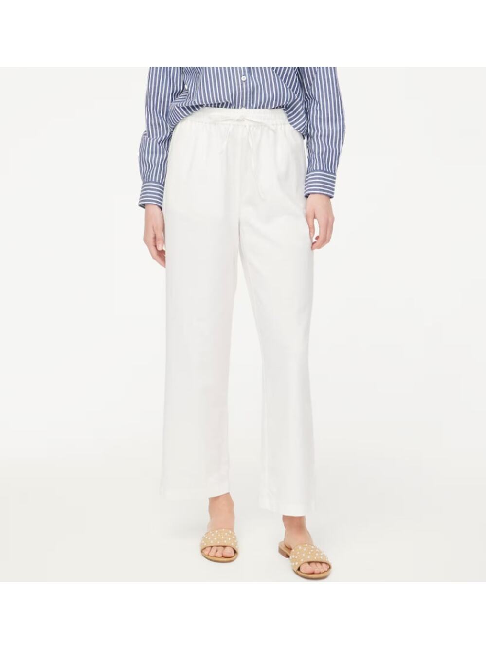 J.Crew Linen Blend Slim Wide Leg Drawstring Pants Sz 6 White Pull On Relaxed Fit
